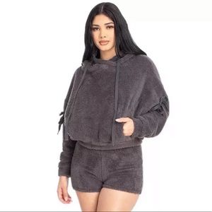 Fuzzy Sweater Top And Short Set Drawstring Hoodie